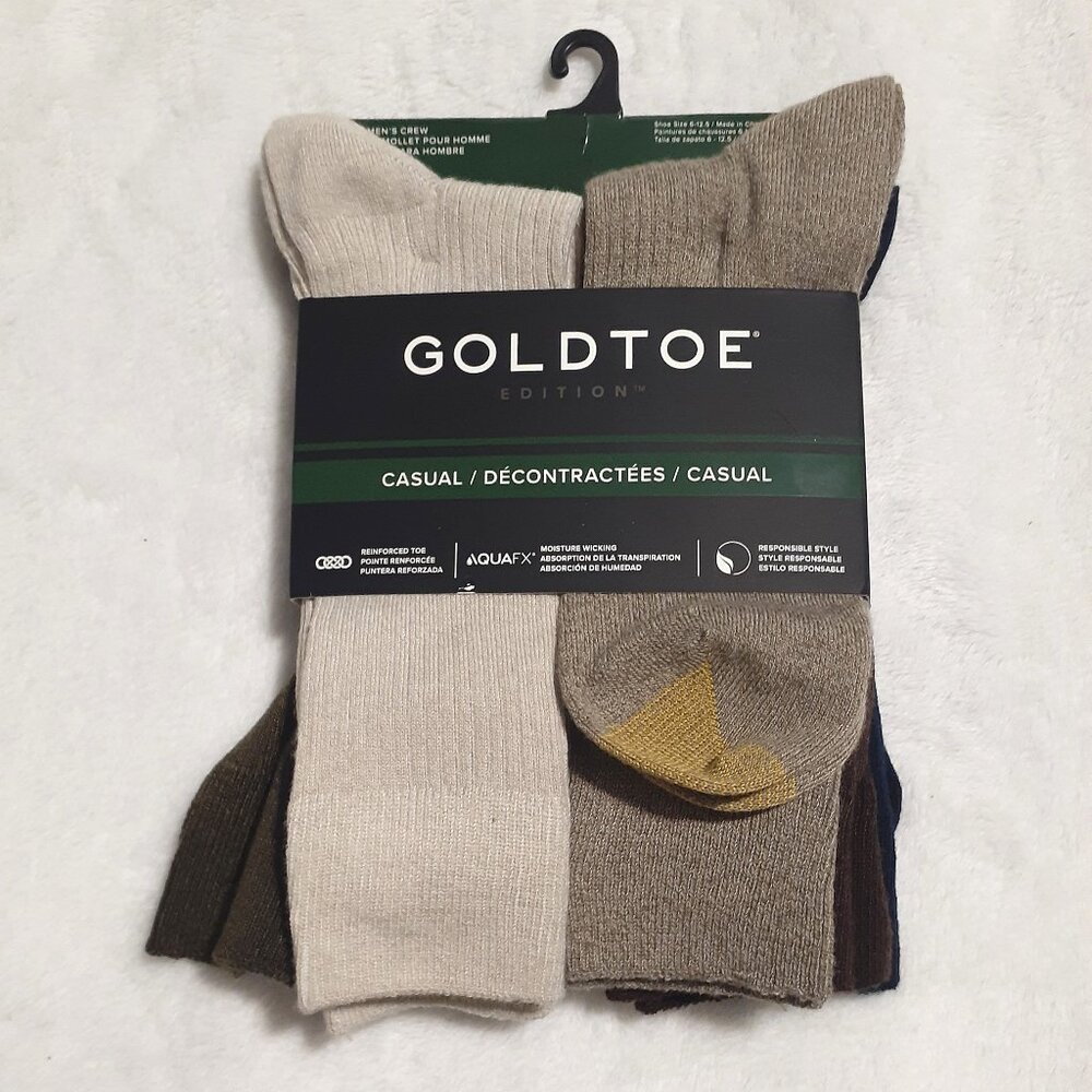 GoldToe Casual Crew Socks Shoe Size 6-12.5 Reinforced Toe Wicking Browns Black